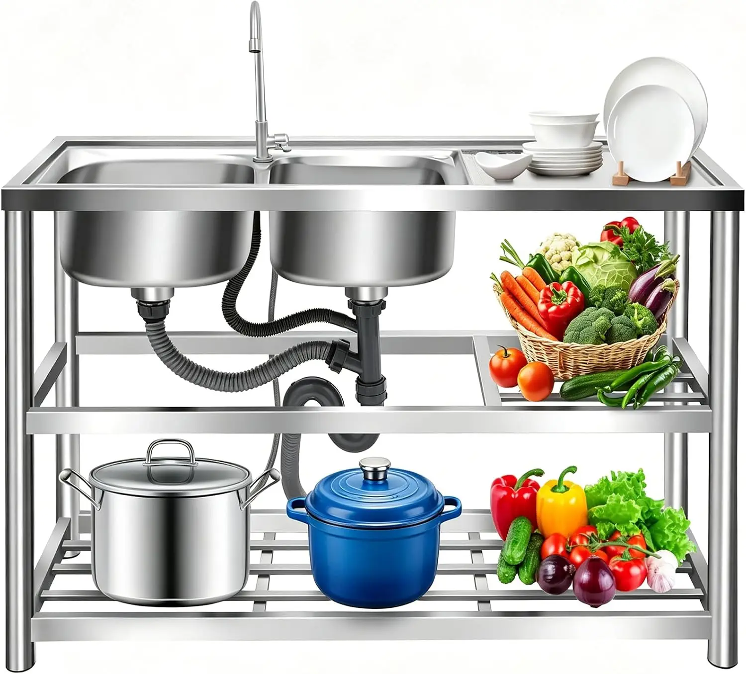 Commercial Kitchen Worktops - Freistehende Küchen-Vorbereitungsspüle, 2-Kammer-Spüle, 3-stufig, 15,7 Zoll